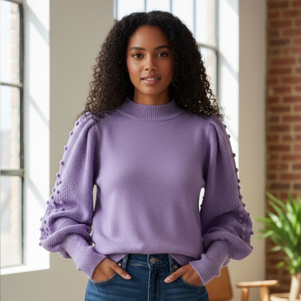 Vine & Love Purple Pom Pom Sleeve Sweater Large NWT Lavender Balloon Sleeve Knit - Picture 2 of 9